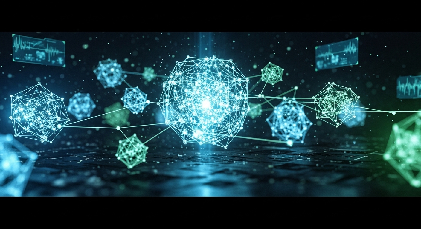 Hình ảnh trừu tượng phân tích AI dữ liệu y tế, với mạng lưới phát sáng và ánh sáng xanh, mang lại cái nhìn sâu sắc về cấu trúc sinh học để hỗ trợ chụp Xquang tầm soát ung thư vú hiệu quả.