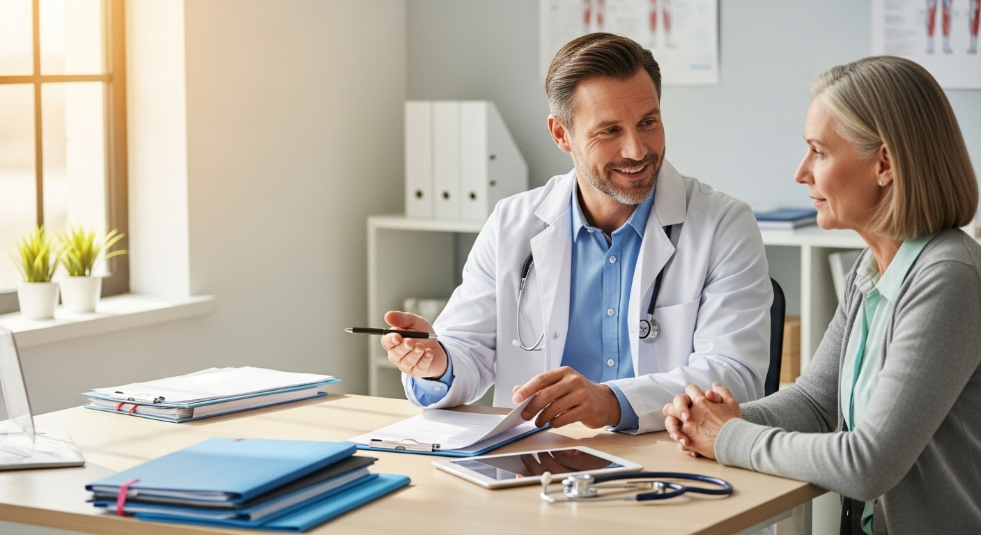 Bác sĩ và bệnh nhân tại phòng khám hiện đại đang tư vấn chuyên nghiệp về các vấn đề sức khỏe nam giới, bao gồm cả giảm cương dương buổi sáng.