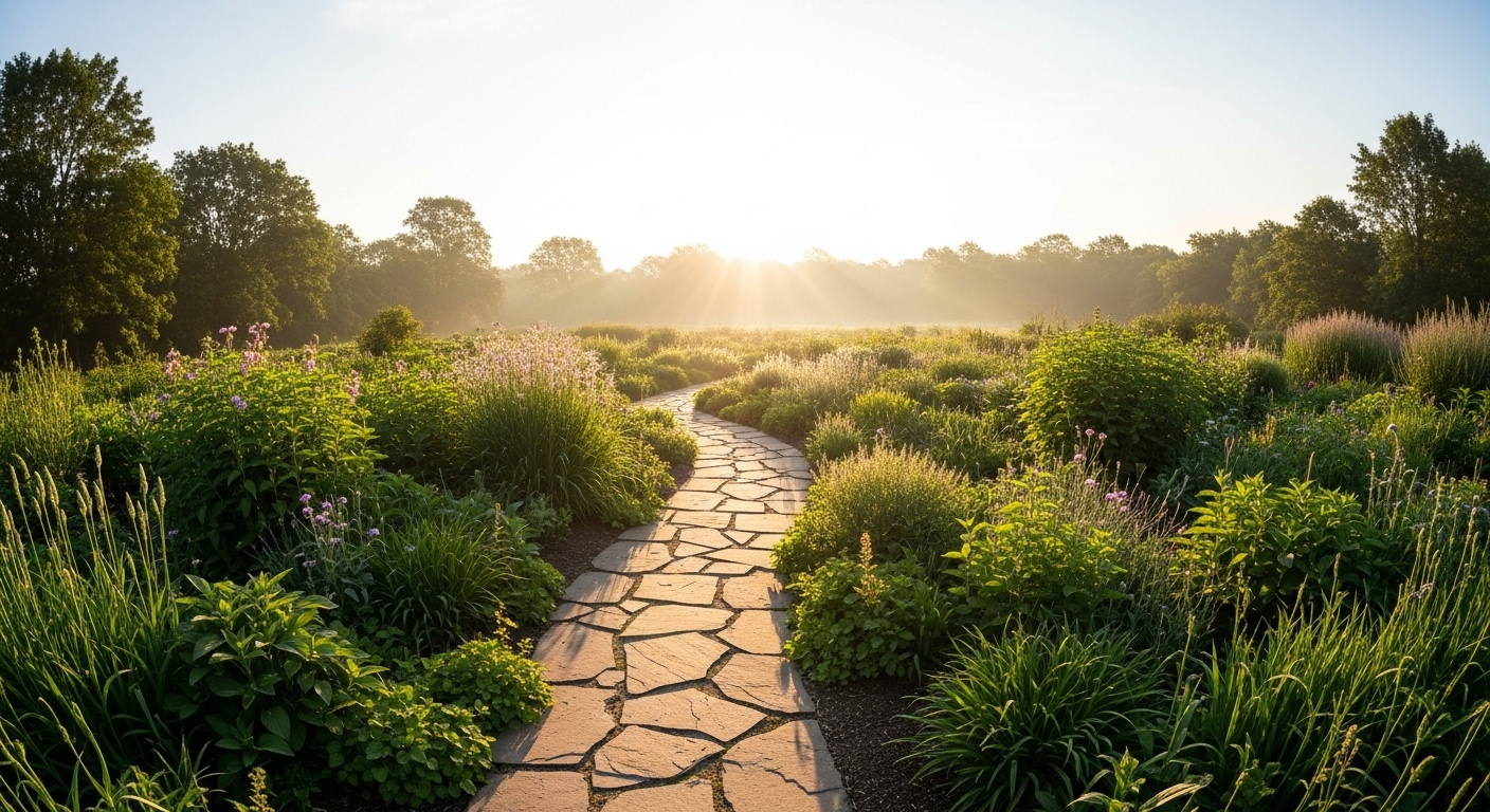 Con đường quanh co trong khu vườn xanh mướt dẫn tới ánh sáng rực rỡ, tượng trưng cho hành trình tìm kiếm hy vọng và giải pháp cho tình trạng u bì buồng trứng khó đậu thai.