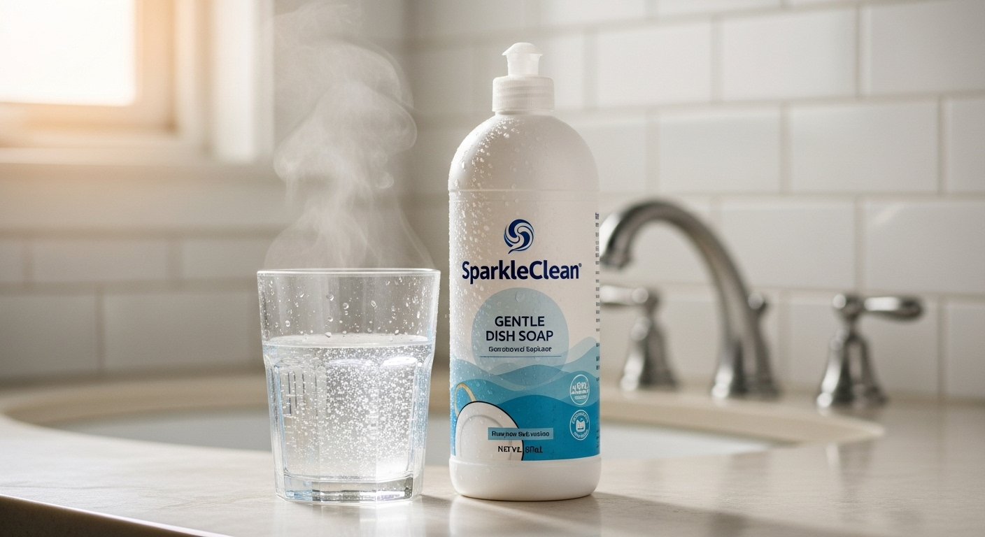 Chai nước rửa chén trắng sạch và ly nước ấm trên mặt bàn phòng tắm bóng loáng, nguyên liệu cho cách thông bồn cầu bị tắc giấy vệ sinh tại nhà hiệu quả.