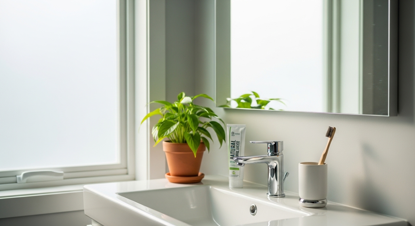 Bồn rửa mặt gọn gàng trong phòng tắm buổi sáng yên bình với ánh nắng dịu, bàn chải, kem đánh răng và cây xanh; thúc đẩy vệ sinh răng miệng tốt giúp phòng sỏi amidan hiệu quả.