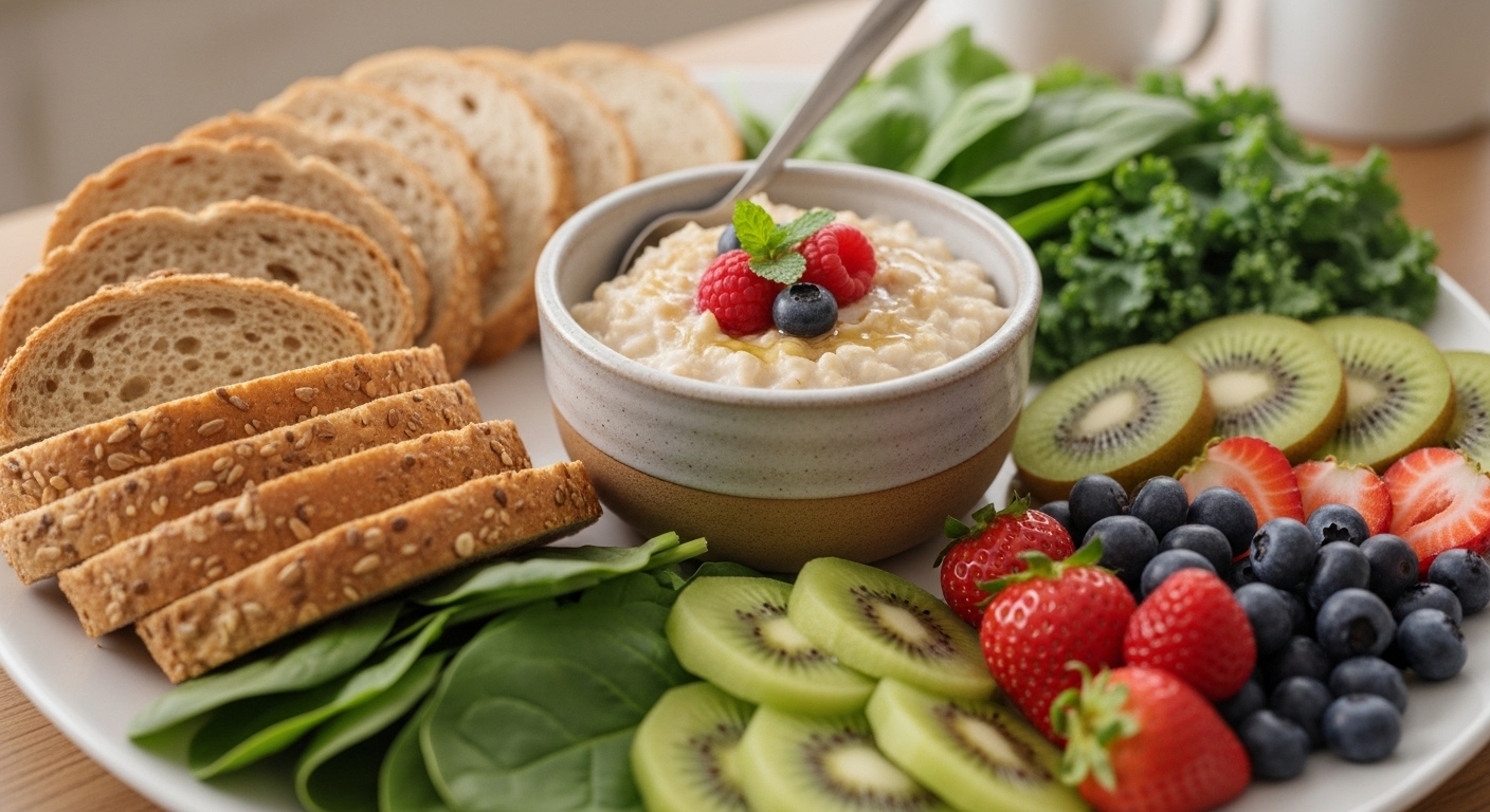 Khay đồ ăn hấp dẫn với bánh mì nguyên hạt, yến mạch, rau xanh và trái cây tươi ít đường, giúp tránh sai lầm ăn uống người tiểu đường hại thận.