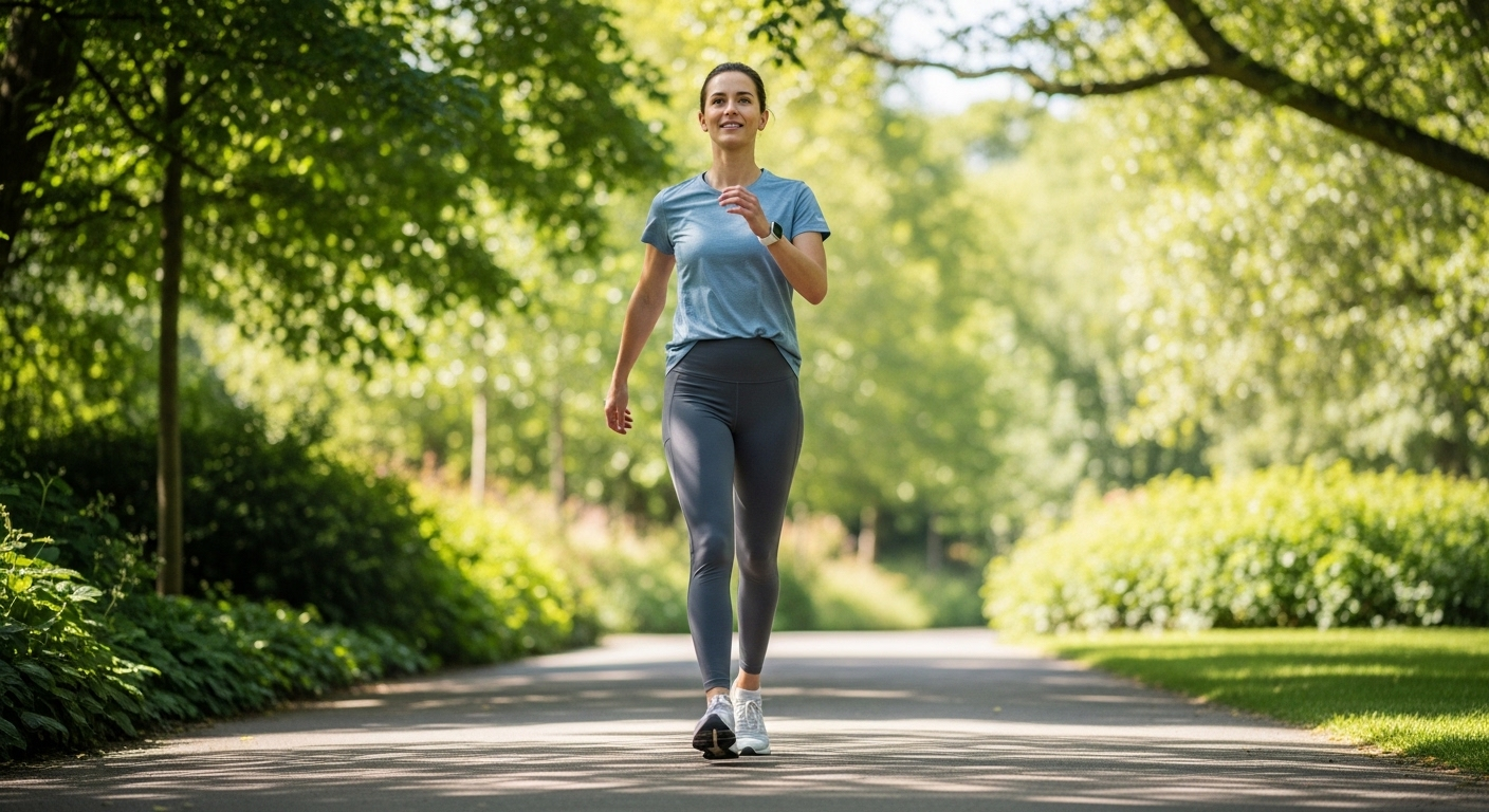 Một người đi bộ nhanh trong công viên với tư thế thẳng lưng, vai thả lỏng, minh họa lối sống năng động và chăm sóc sức khỏe cột sống. Hoạt động này rất tốt cho lưng, tương tự như tìm hiểu thoát vị đĩa đệm tập hít đất để tăng cường cơ bắp và phòng ngừa bệnh lý.