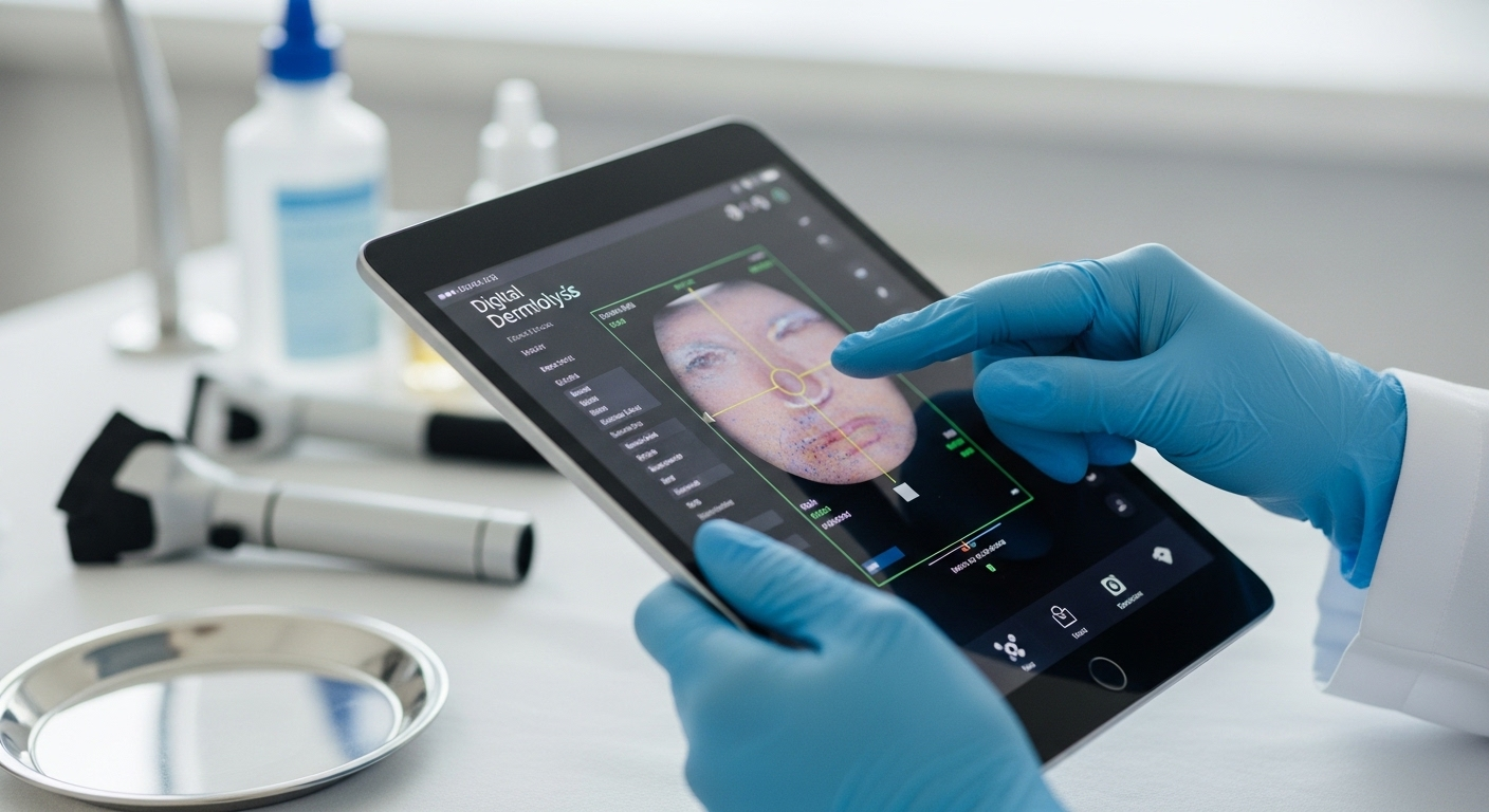 Bác sĩ chuyên nghiệp xem phân tích da trên máy tính bảng, tư vấn điều trị sạm nám hiệu quả.