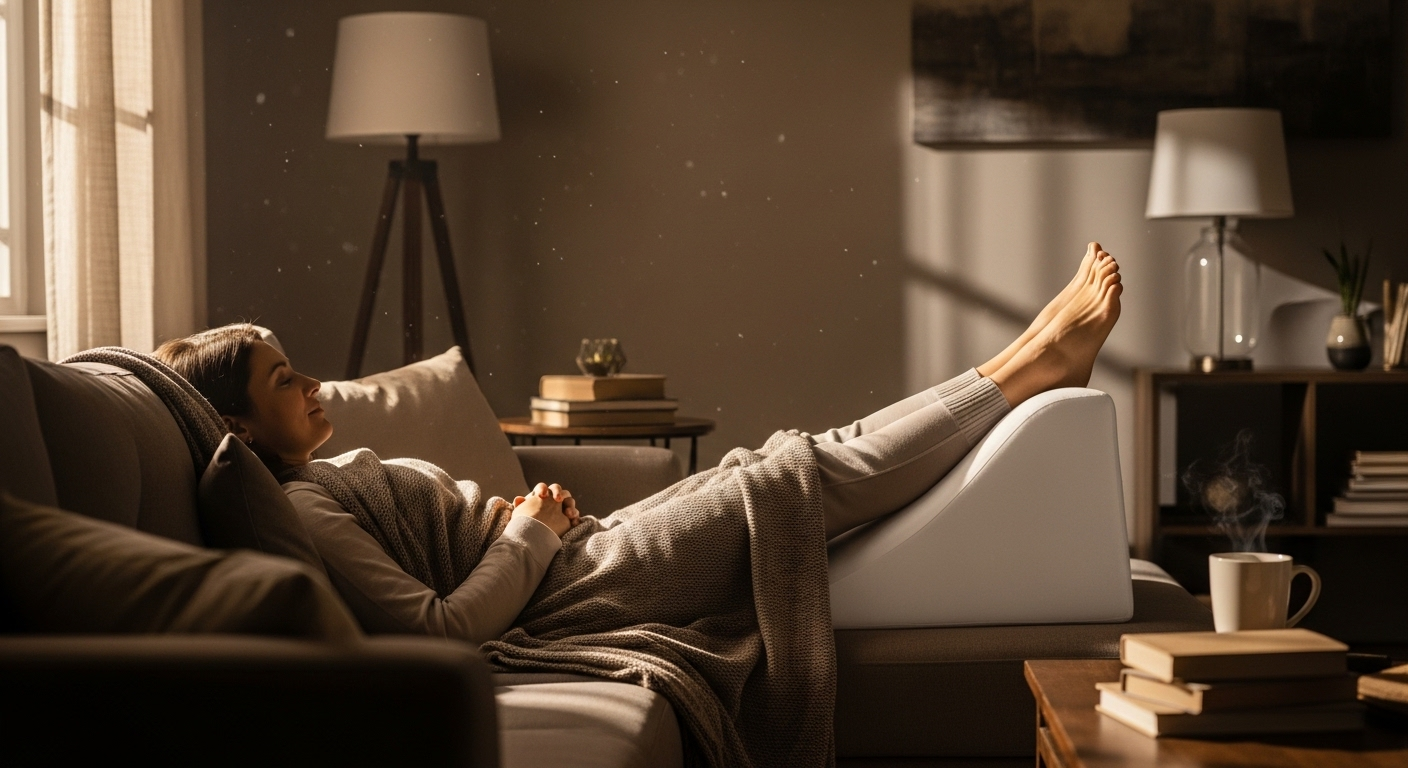 Người nằm thư giãn trên giường, chân kê cao trên gối trắng trong không gian ấm áp, yên bình. Tư thế nâng chân này giúp cải thiện lưu thông máu, một biện pháp hữu ích để hỗ trợ phòng ngừa và giảm nhẹ các vấn đề sức khỏe, đặc biệt là những tình trạng liên quan đến nguyên nhân gây suy tĩnh mạch mạn tính.