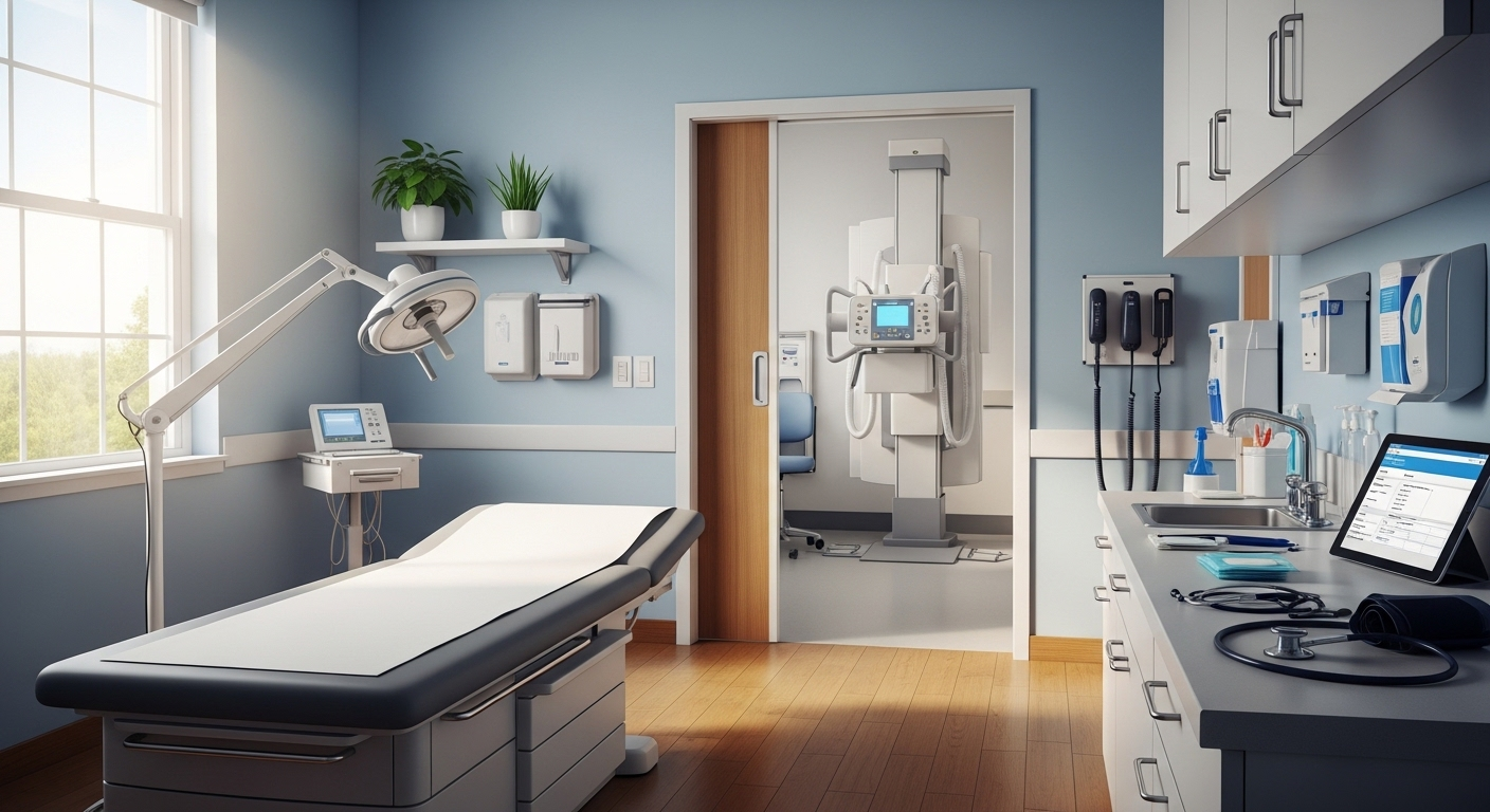 Phòng X-quang y tế sạch sẽ, chuyên nghiệp để chụp X-quang phổi.