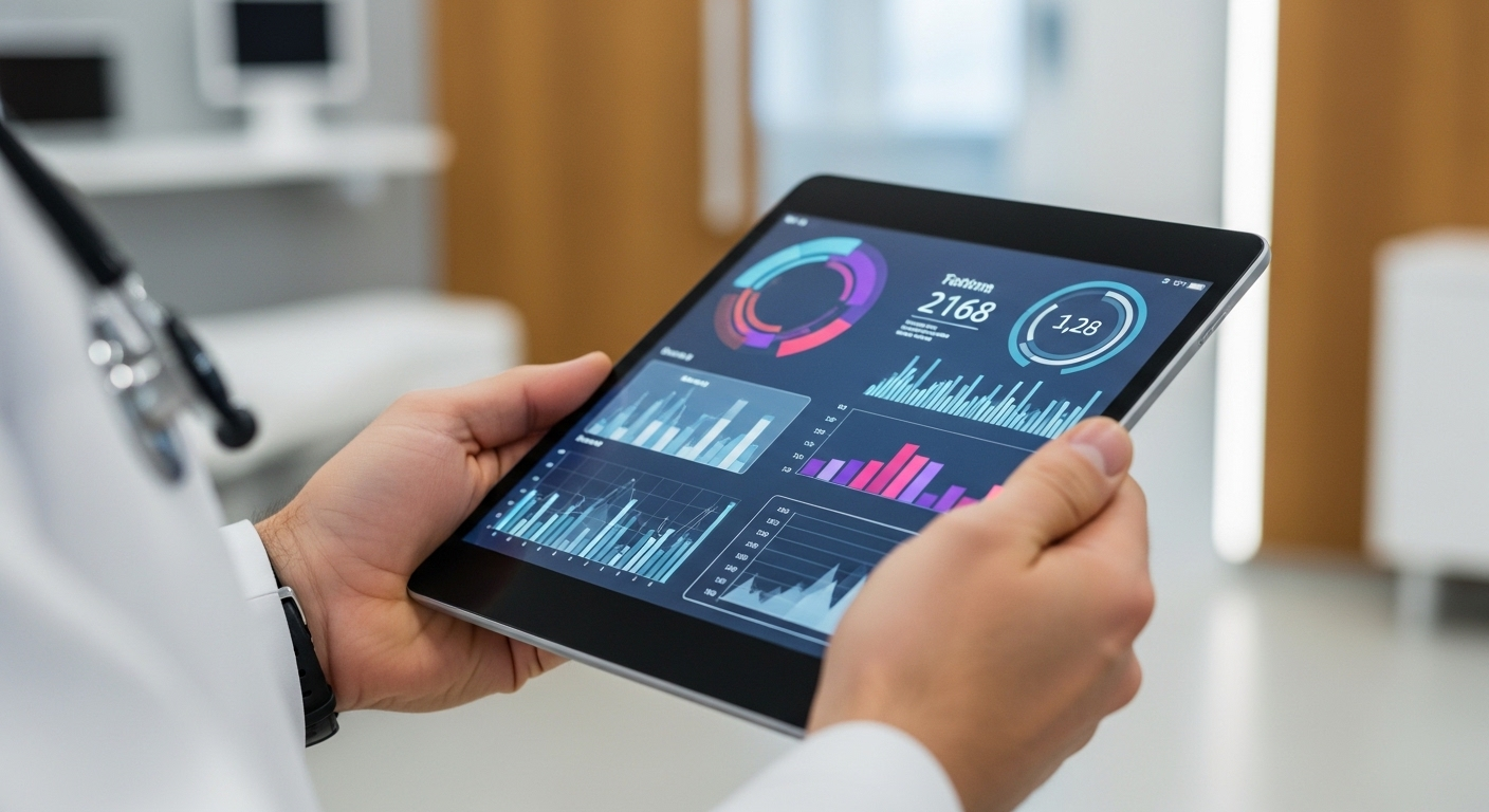 Cận cảnh đôi tay chuyên gia y tế cầm máy tính bảng hiển thị dữ liệu y tế rõ ràng, hỗ trợ tư vấn và chẩn đoán các tình trạng như mắt nhìn thấy đốm đen trong phòng khám hiện đại.