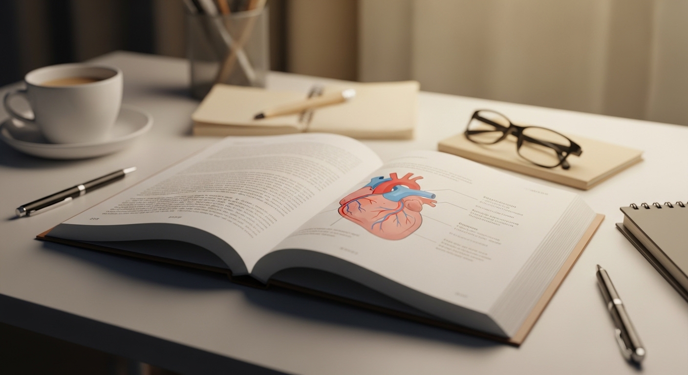 Sách y học mở với hình minh họa tim to, kính, bút và sổ trên bàn, biểu tượng học tập và chăm sóc sức khỏe chủ động.