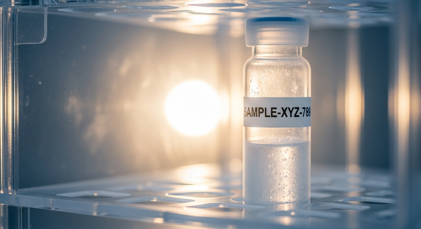 Lọ đông lạnh được dán nhãn cẩn thận, chứa mẫu sinh học quý giá, đặt trong hộp lưu trữ cryogenic an toàn với ánh sáng huyền ảo. Biểu tượng cho việc trữ tế bào gốc con sơ sinh nhằm bảo tồn khoa học và tiềm năng y học tương lai.