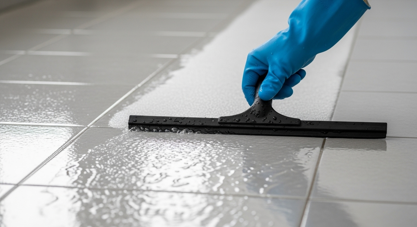 Bàn tay đeo găng dùng cây gạt nước làm sạch sàn nhà vệ sinh lát gạch sáng bóng. Đây là một bước quan trọng trong cách tẩy sàn nhà vệ sinh bị ố vàng, giúp sàn khô ráo và sạch sẽ hiệu quả.