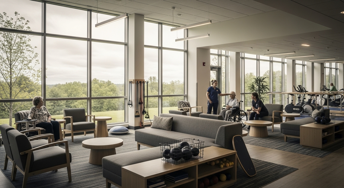 Khu vực chung hiện đại, tràn ngập ánh sáng tự nhiên tại trung tâm phục hồi chức năng, lý tưởng để điều trị và hồi phục các di chứng sau đột quỵ trong không gian yên bình.