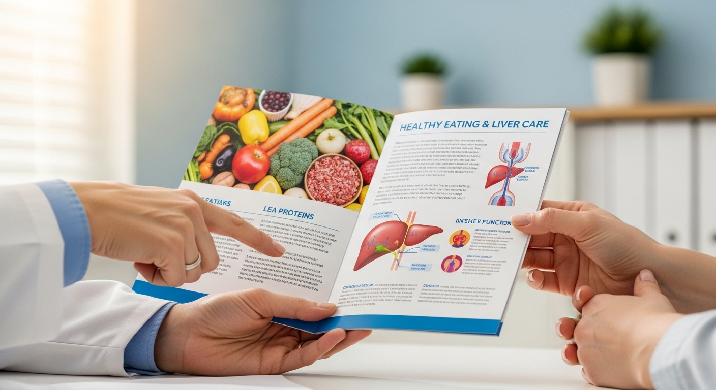 Tay bác sĩ và bệnh nhân nhẹ nhàng cầm tờ rơi hướng dẫn chế độ ăn cho người bệnh gan trong buổi tư vấn y tế.