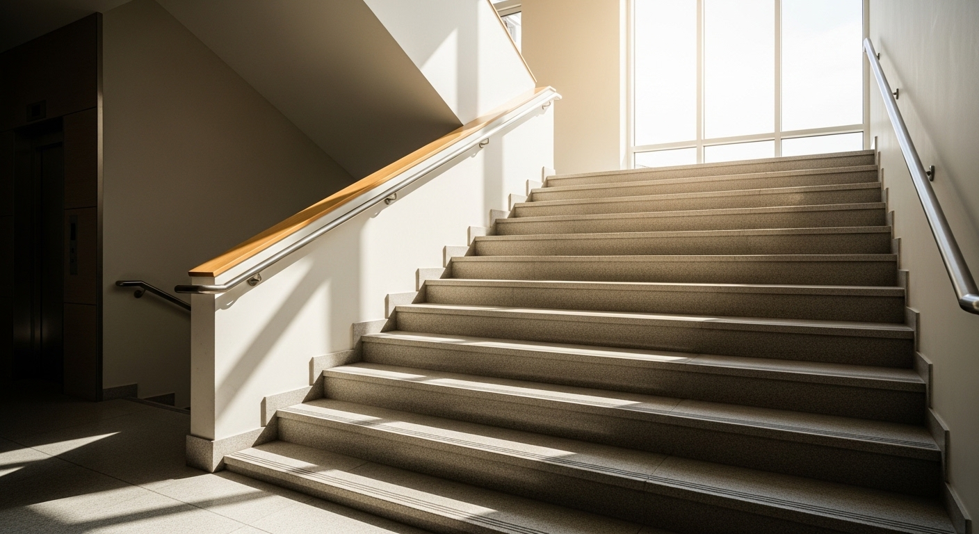 Cầu thang nội thất hiện đại, ngập nắng, với các bậc rộng mời gọi, khuyến khích vận động và lựa chọn lối sống lành mạnh.