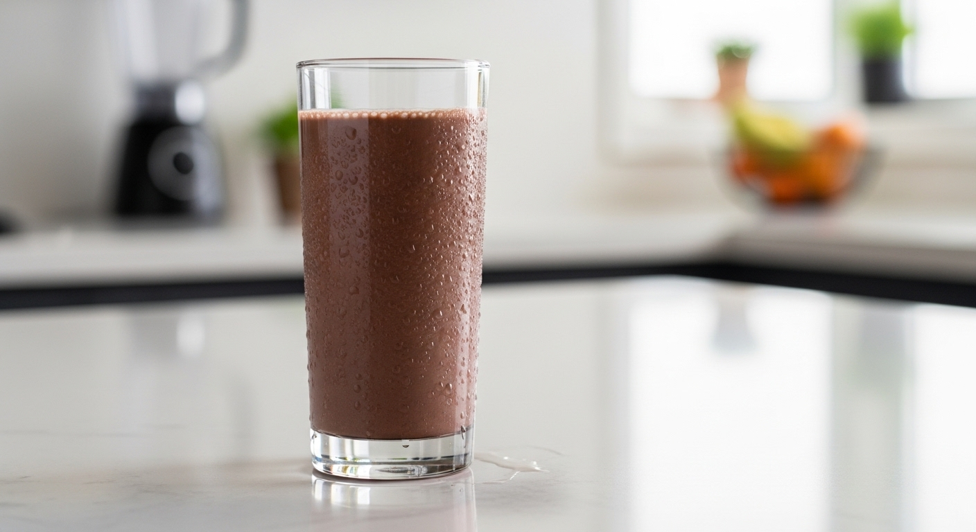 Ly sữa sô-cô-la đen đậm đà, mát lạnh trên mặt bàn sáng. Bối cảnh không gian sống năng động, khỏe mạnh, phù hợp với các mẹo vặt sức khỏe.