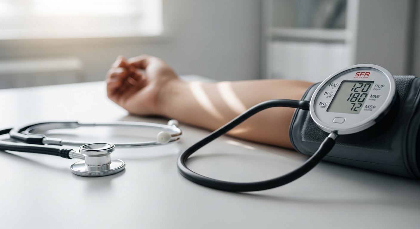 Hình ảnh đo huyết áp tại phòng khám, với vòng bít trên cánh tay và màn hình hiển thị chỉ số, ống nghe y tế gần đó. Đây là bước quan trọng để bảo vệ tim mạch mùa hè.