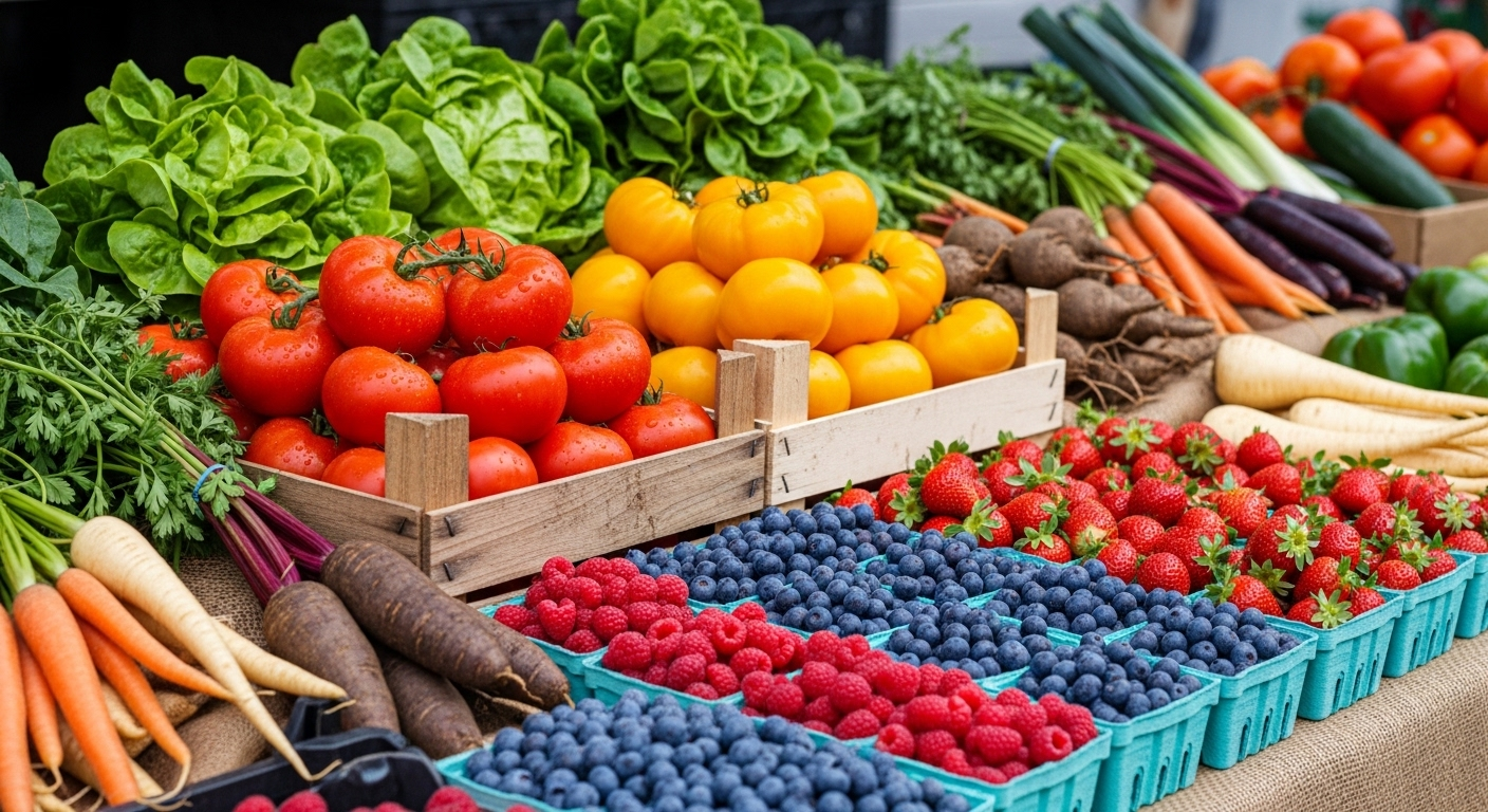 Chợ nông sản đầy ắp rau củ quả tươi ngon, đa dạng màu sắc như cà chua, xà lách, và các loại quả mọng, minh họa hoàn hảo cho mẹo ăn uống lành mạnh và thực phẩm theo mùa.