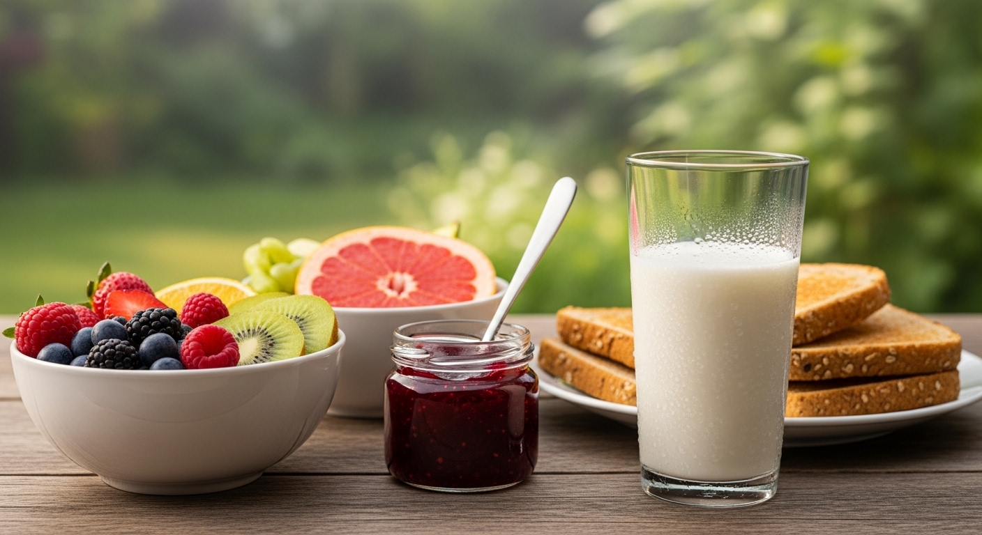 Bữa sáng cân bằng gồm trái cây tươi, bánh mì nguyên hạt và sữa trên bàn gỗ mộc, cảnh vườn thanh bình. Một mẹo vặt cuộc sống cho ngày mới tràn đầy năng lượng.