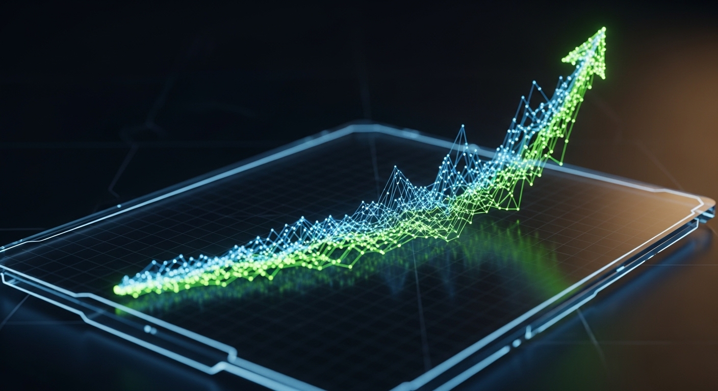 Giao diện kỹ thuật số tương lai với đường cong tăng trưởng xanh và xanh dương rực rỡ, biểu tượng cho tiến bộ và kết quả thành công, minh họa trực quan tiềm năng phát triển từ một bài viết trống.