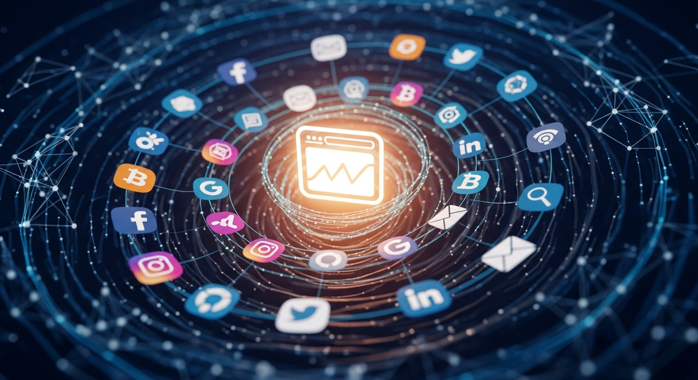 Website trung tâm kết nối đa kênh digital marketing trong chiến lược toàn diện, minh họa tầm quan trọng của nội dung để tránh thiếu nội dung bài viết ảnh hưởng hiệu quả tổng thể.