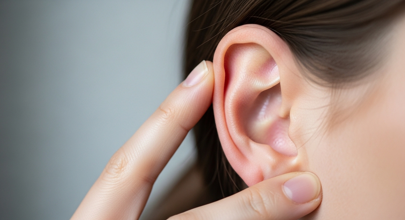 Cận cảnh tai người với ngón tay nhẹ nhàng ấn vào một điểm, minh họa mẹo vặt sức khỏe.