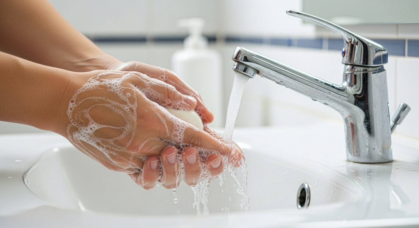 Cận cảnh bàn tay đang tạo bọt xà phòng dưới vòi nước chảy trong bồn rửa trắng tinh. Vệ sinh tay là mẹo giữ sức khỏe mẹ bầu vô cùng quan trọng.