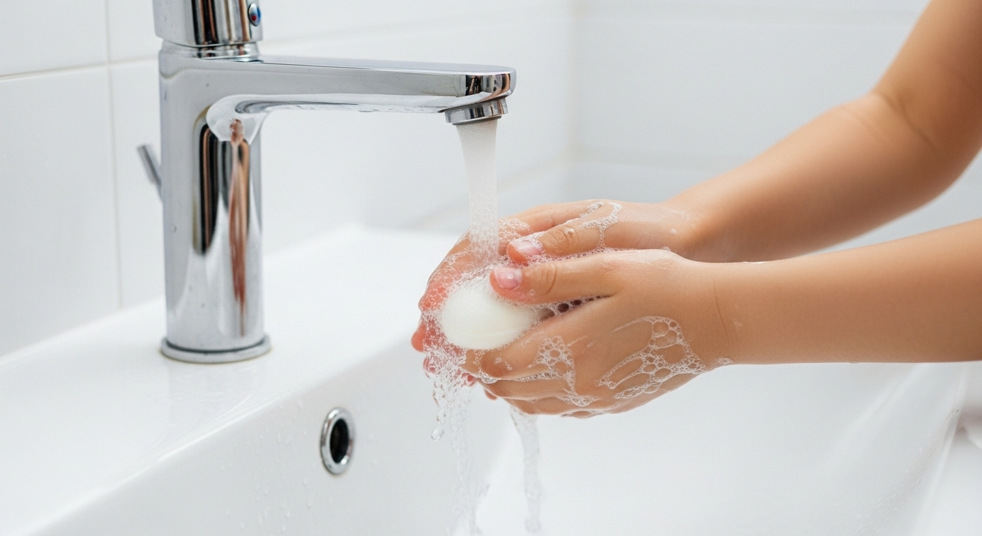 Tay trẻ em đang rửa xà phòng dưới vòi nước hiện đại trong bồn, thể hiện thói quen tốt giữ gìn sức khỏe cho gia đình.
