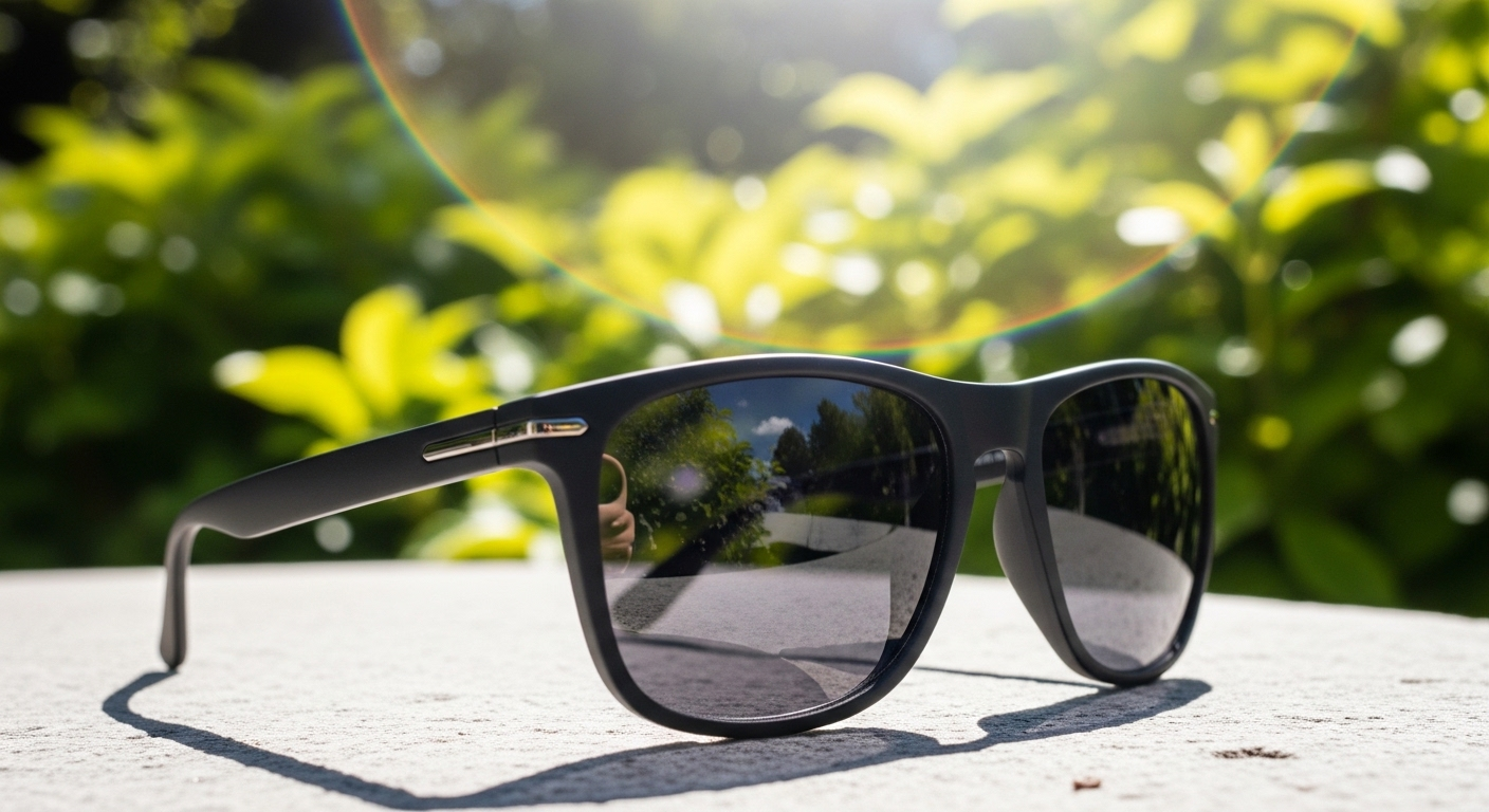Cận cảnh kính râm đen bóng trên bề mặt đá sáng, với nền cây xanh mờ. Đây là vật dụng thiết yếu giúp bảo vệ mắt khỏi tia UV, góp phần duy trì sức khỏe tuổi 40 bền vững.