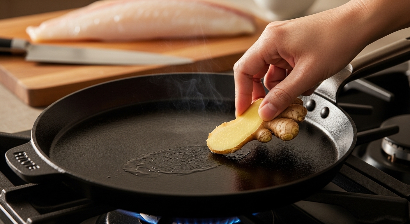 Gừng đang được xoa lên chảo nóng chuẩn bị chiên cá, một mẹo vặt cho người nội trợ. Phi lê cá tươi ở hậu cảnh.