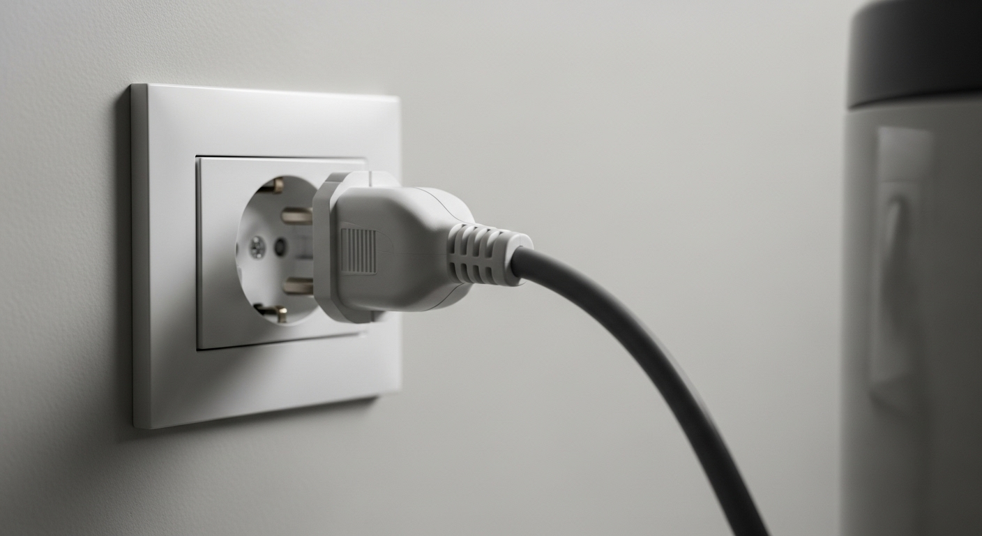 Rút phích cắm điện màu trắng cẩn thận khỏi ổ cắm tường trong bếp, một bước an toàn cần thiết trước khi vệ sinh lò nướng.