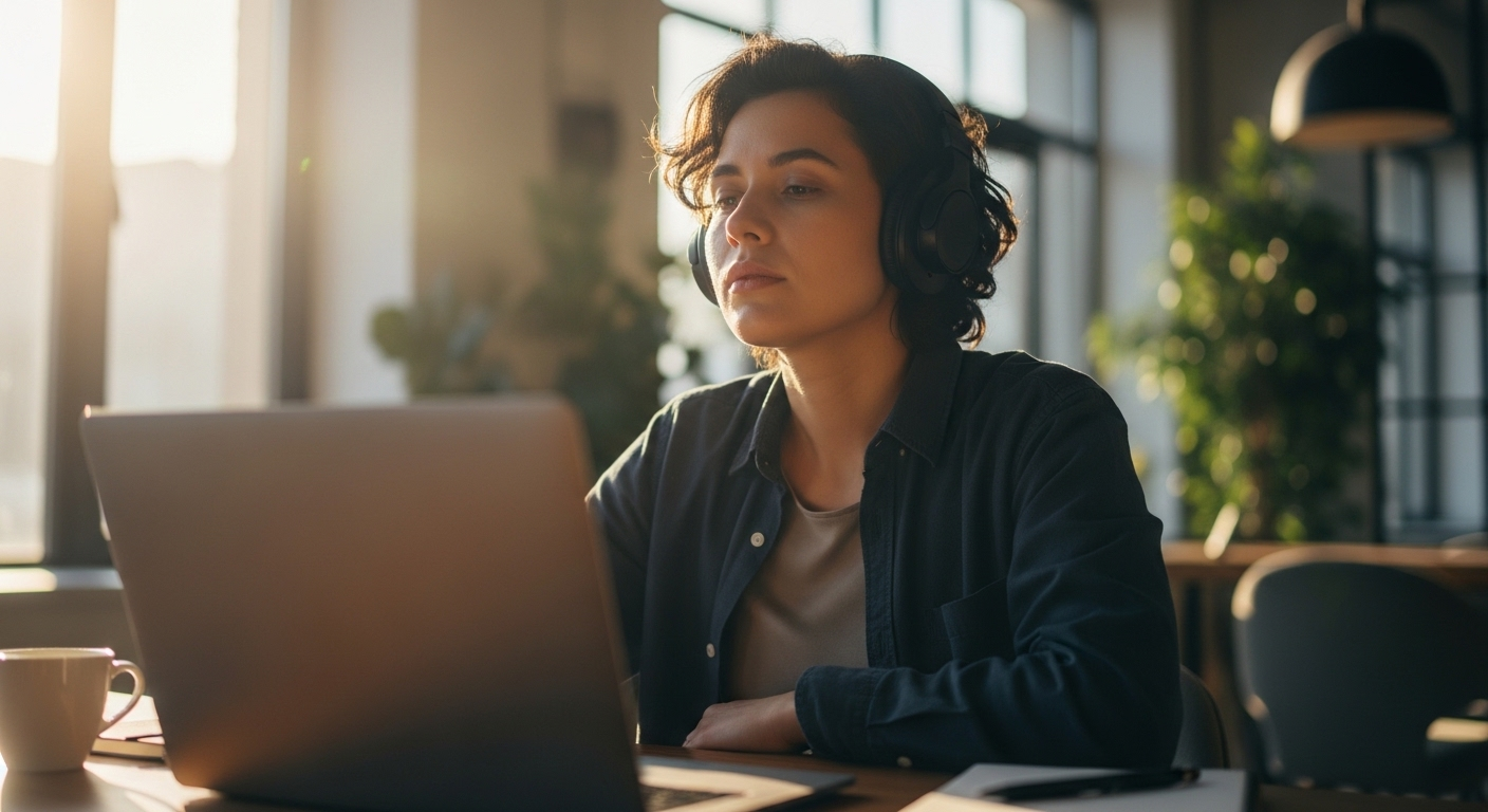 Người làm việc tập trung cao độ với tai nghe trong văn phòng yên tĩnh, minh họa một mẹo tăng năng lượng và hiệu suất làm việc hiệu quả. Người làm việc tập trung cao độ với tai nghe trong văn phòng yên tĩnh, minh họa một mẹo tăng năng lượng và hiệu suất làm việc hiệu quả.