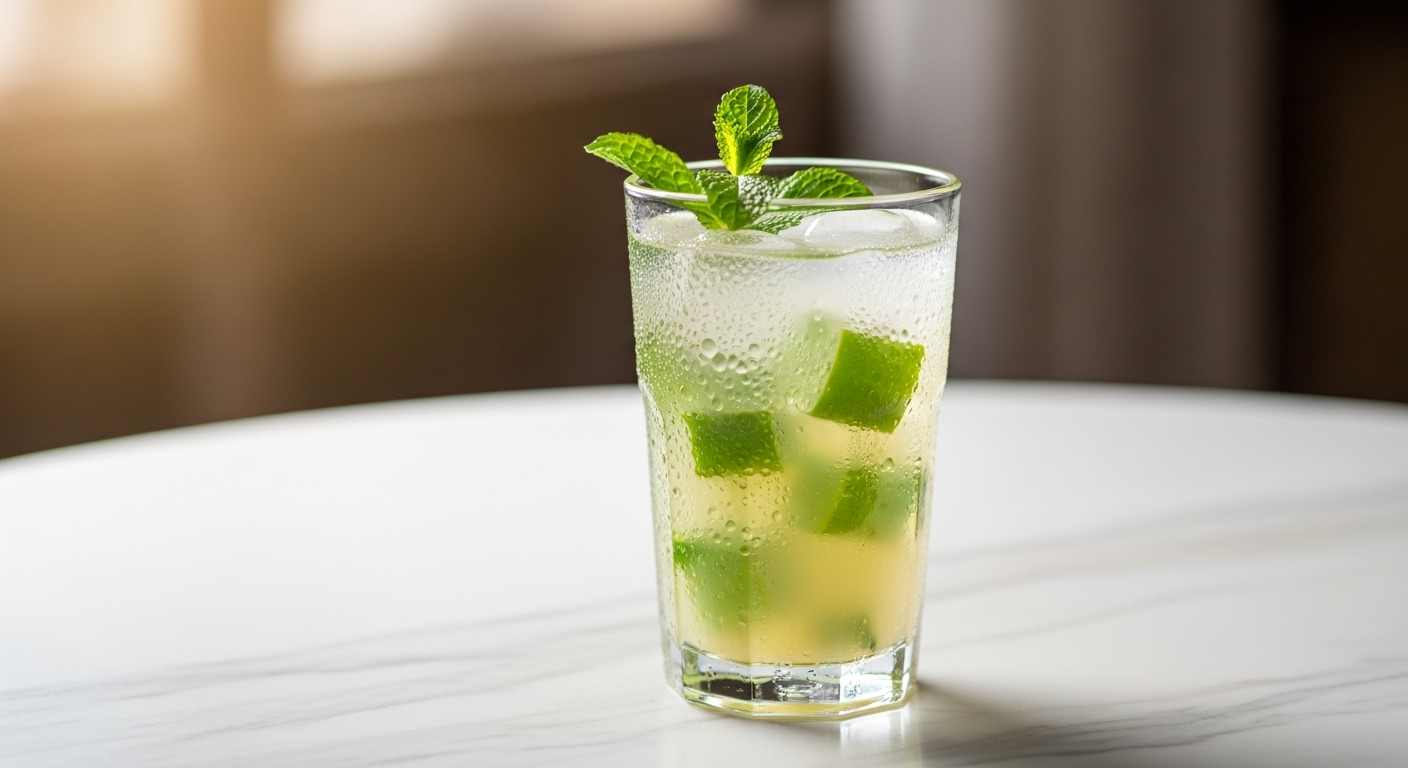 Nước ép nha đam mát lạnh, với những miếng nha đam trong veo, không nhớt và cành bạc hà tươi. Minh họa hiệu quả cách làm nha đam hết nhớt để có thức uống giải khát tuyệt vời.