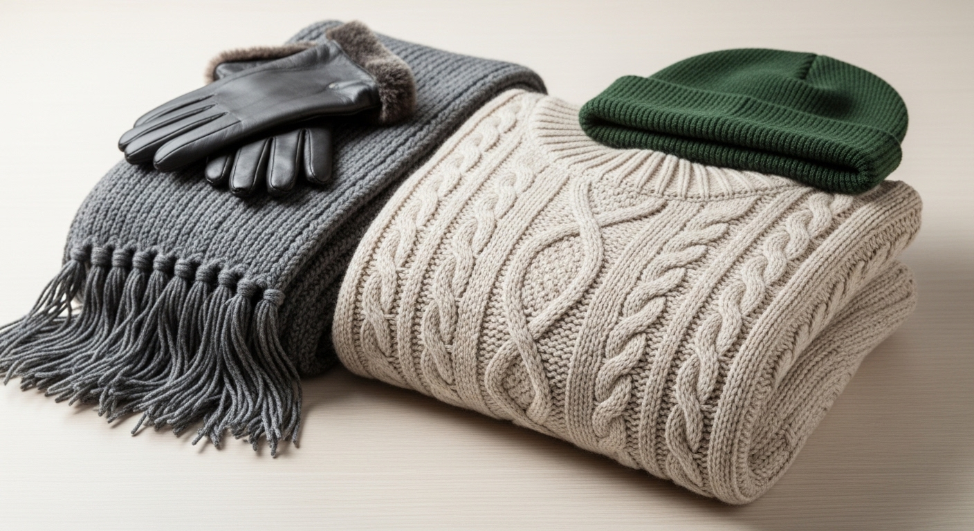 Một bộ sưu tập quần áo mùa đông ấm áp gồm áo len dệt kim, khăn choàng dày, găng tay và mũ len mềm mại, được xếp gọn gàng, thiết yếu để giữ gìn sức khỏe mùa đông.