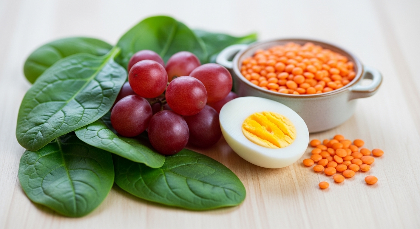 Hình ảnh minh họa Thiếu máu nên ăn gì với rau bina tươi, nho đỏ, trứng luộc và đậu lăng đỏ được bày trí đẹp mắt trên nền gỗ sáng.