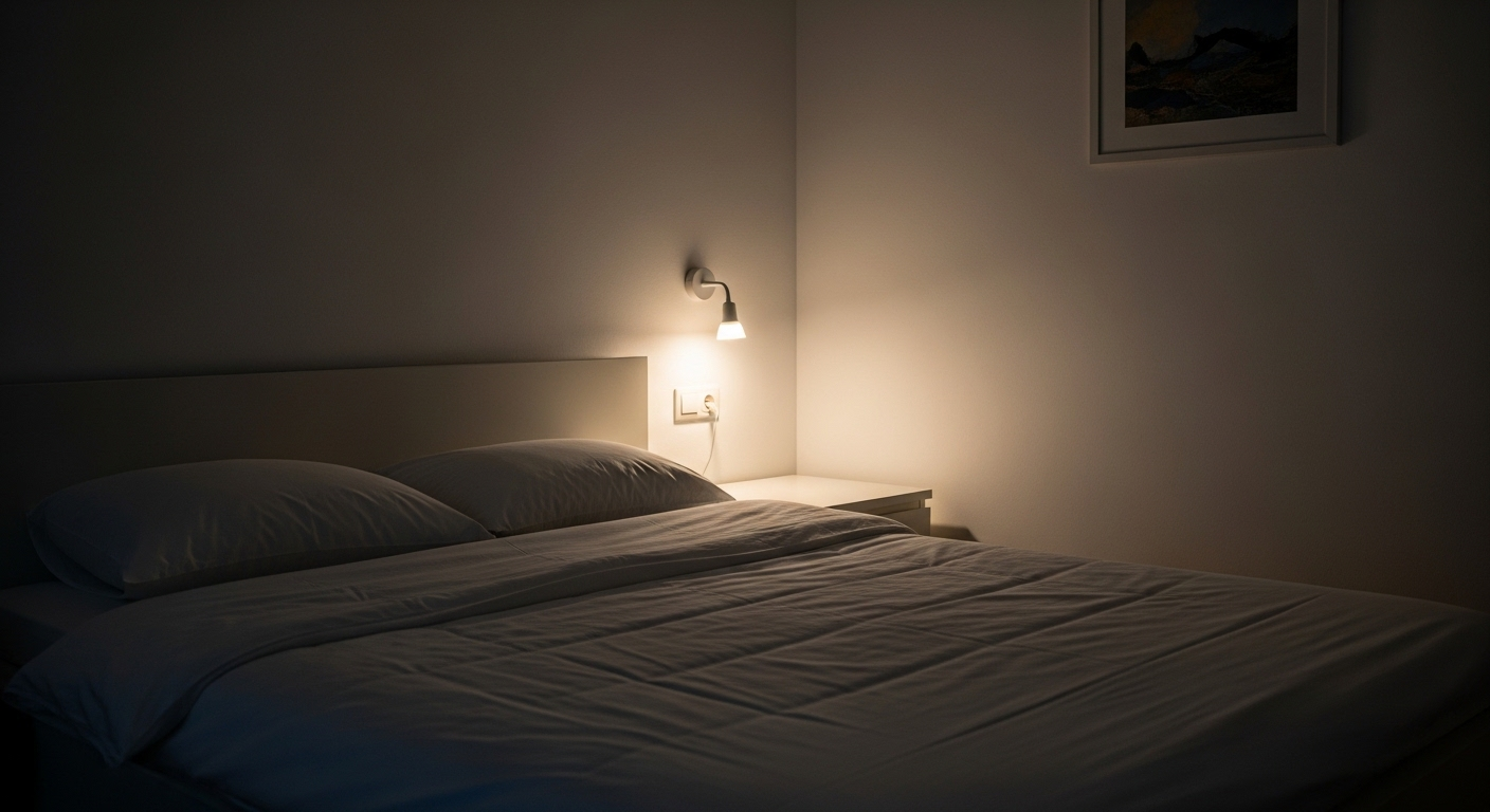 Phòng ngủ tối giản, yên bình với giường ga trắng tinh tươm và ánh đèn dịu nhẹ. Không gian lý tưởng cho giấc ngủ sâu, mẹo sức khỏe hằng ngày giúp bạn hồi phục năng lượng.