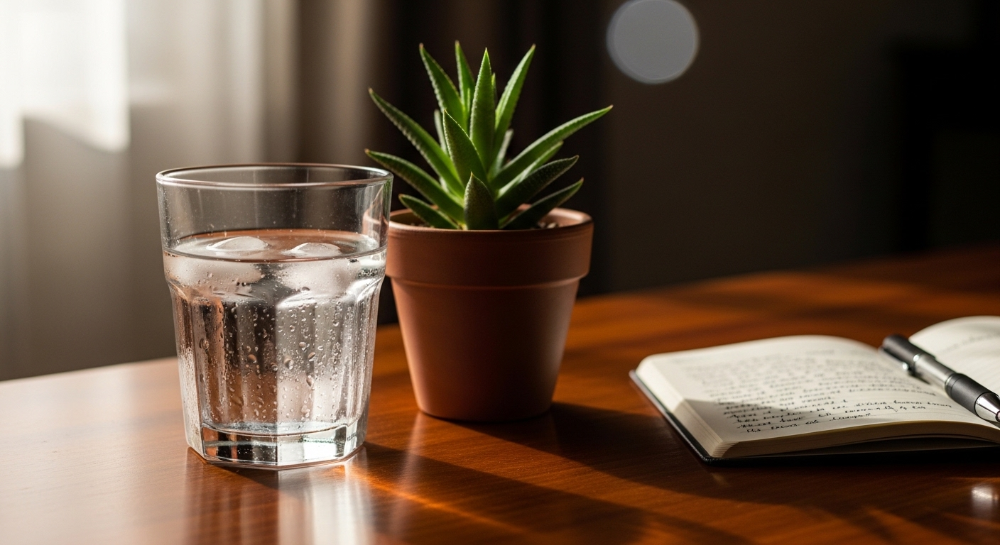 Ly nước trong và cây xanh nhỏ trên bàn gỗ dưới ánh nắng ban mai dịu nhẹ, gợi nhắc thói quen đơn giản để tăng cường sức khỏe và sự tĩnh tâm mỗi ngày.