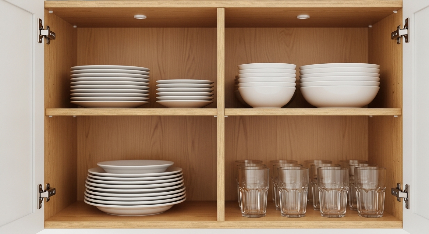 Tủ bếp mở sạch sẽ, trưng bày đĩa trắng và ly thủy tinh xếp gọn gàng. Nội thất gỗ không tì vết, cho thấy sự vệ sinh nhà bếp kỹ lưỡng. Tủ bếp mở sạch sẽ, trưng bày đĩa trắng và ly thủy tinh xếp gọn gàng. Nội thất gỗ không tì vết, cho thấy sự vệ sinh nhà bếp kỹ lưỡng.