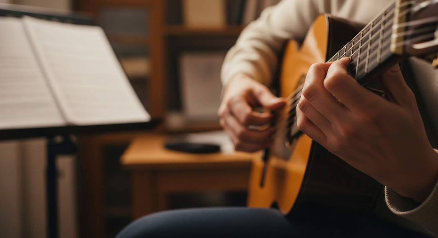 Cận cảnh đôi tay chơi đàn guitar cổ điển với bản nhạc trong phòng ấm cúng, minh họa hoạt động học tập và thư giãn là một bí quyết khỏe mạnh cho tinh thần.