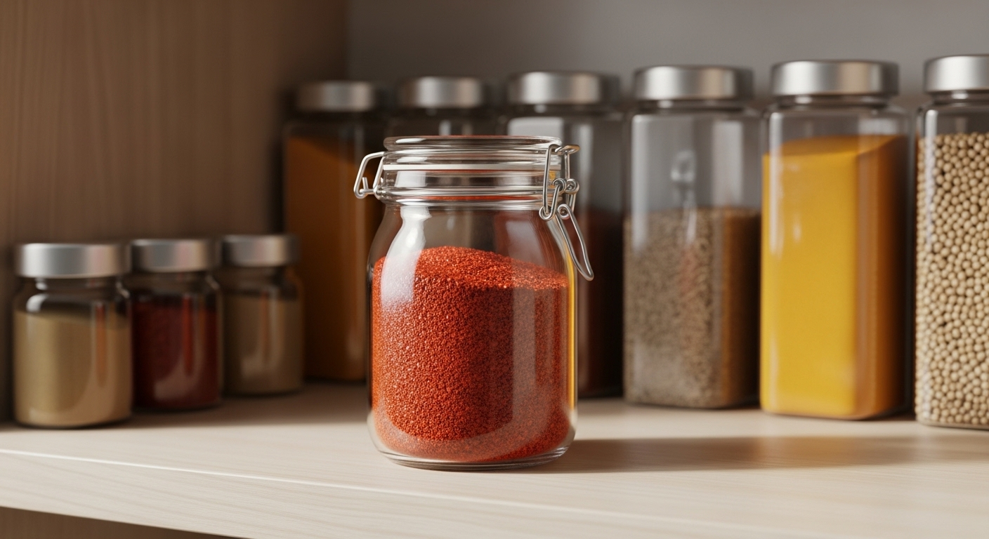 Hũ ớt bột đỏ đậm, chất lượng cao trên bàn gỗ tối màu, kèm thìa gỗ. Gợi ý trực quan để phân biệt ớt bột thật giả.