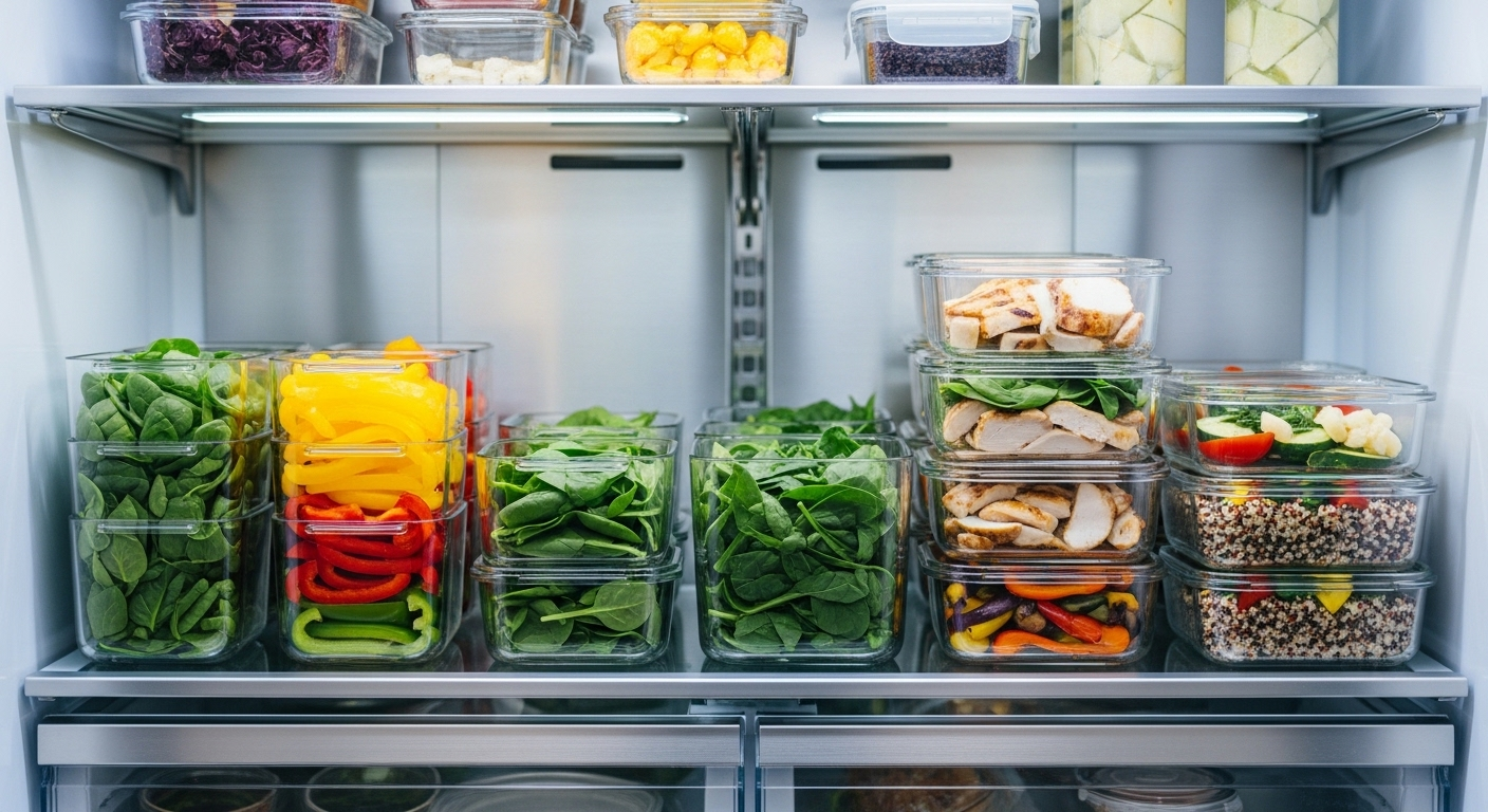 Kệ tủ lạnh ngăn nắp với hộp kín đựng nguyên liệu sơ chế (ớt chuông, rau xanh) và phần ăn đã nấu, minh họa mẹo vặt trong nấu ăn giúp tối ưu hóa thời gian. Kệ tủ lạnh ngăn nắp với hộp kín đựng nguyên liệu sơ chế (ớt chuông, rau xanh) và phần ăn đã nấu, minh họa mẹo vặt trong nấu ăn giúp tối ưu hóa thời gian.