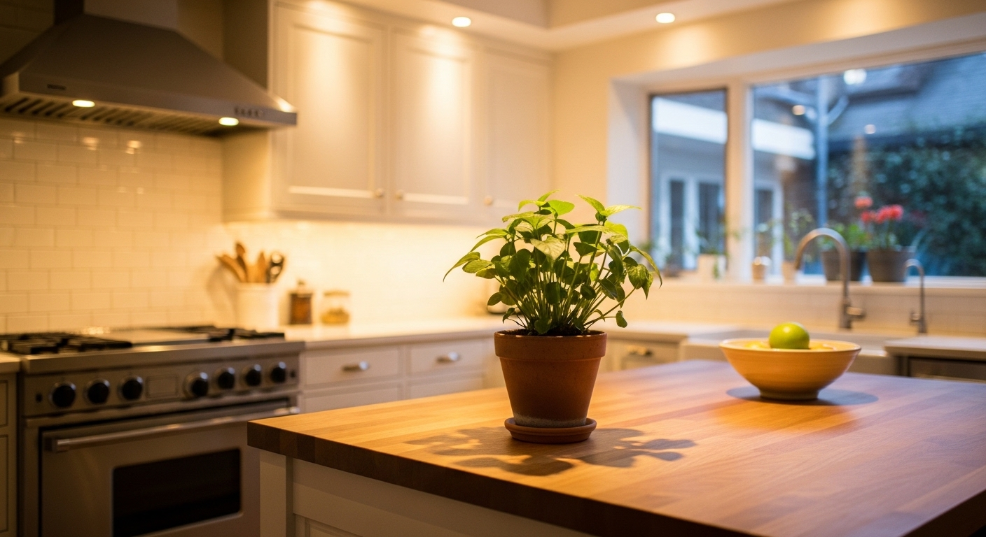 Cảnh bếp ấm cúng, ngập tràn ánh sáng dịu nhẹ, với cây xanh nhỏ trên đảo bếp gỗ sạch sẽ – không gian lý tưởng để khám phá các mẹo vặt nhà bếp hiệu quả.