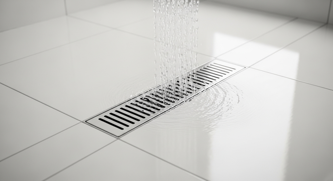 Bộ lọc thoát nước mạ crôm hiện đại trên sàn tắm trắng, nước trong chảy mạnh, cho thấy dòng chảy lý tưởng. Tìm hiểu cách thông ống thoát nước nhà tắm để duy trì hiệu quả này.