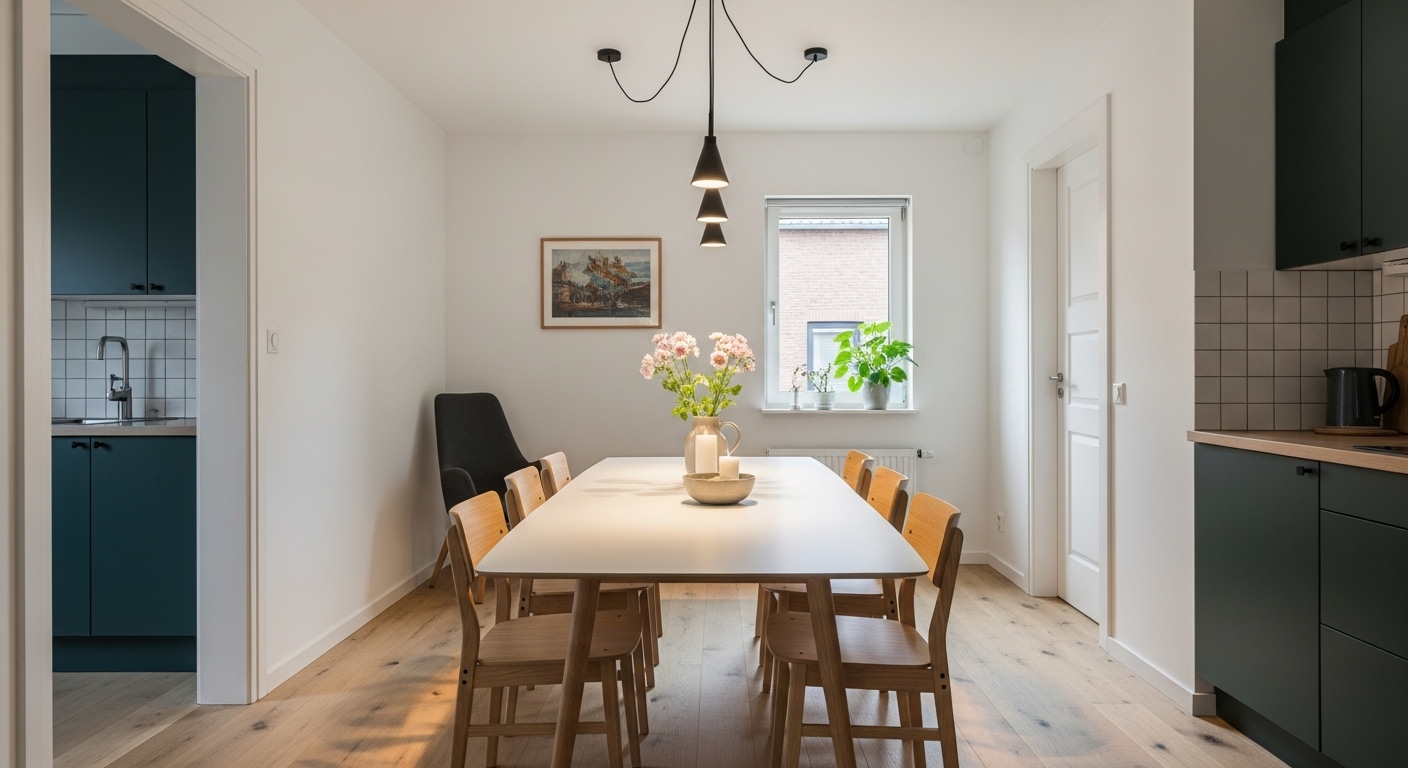 Phòng ăn nhỏ ấm cúng với bàn dài thon, ghế gỗ sáng màu và đèn thả trần hiện đại, tạo không gian đơn giản, tinh tế.