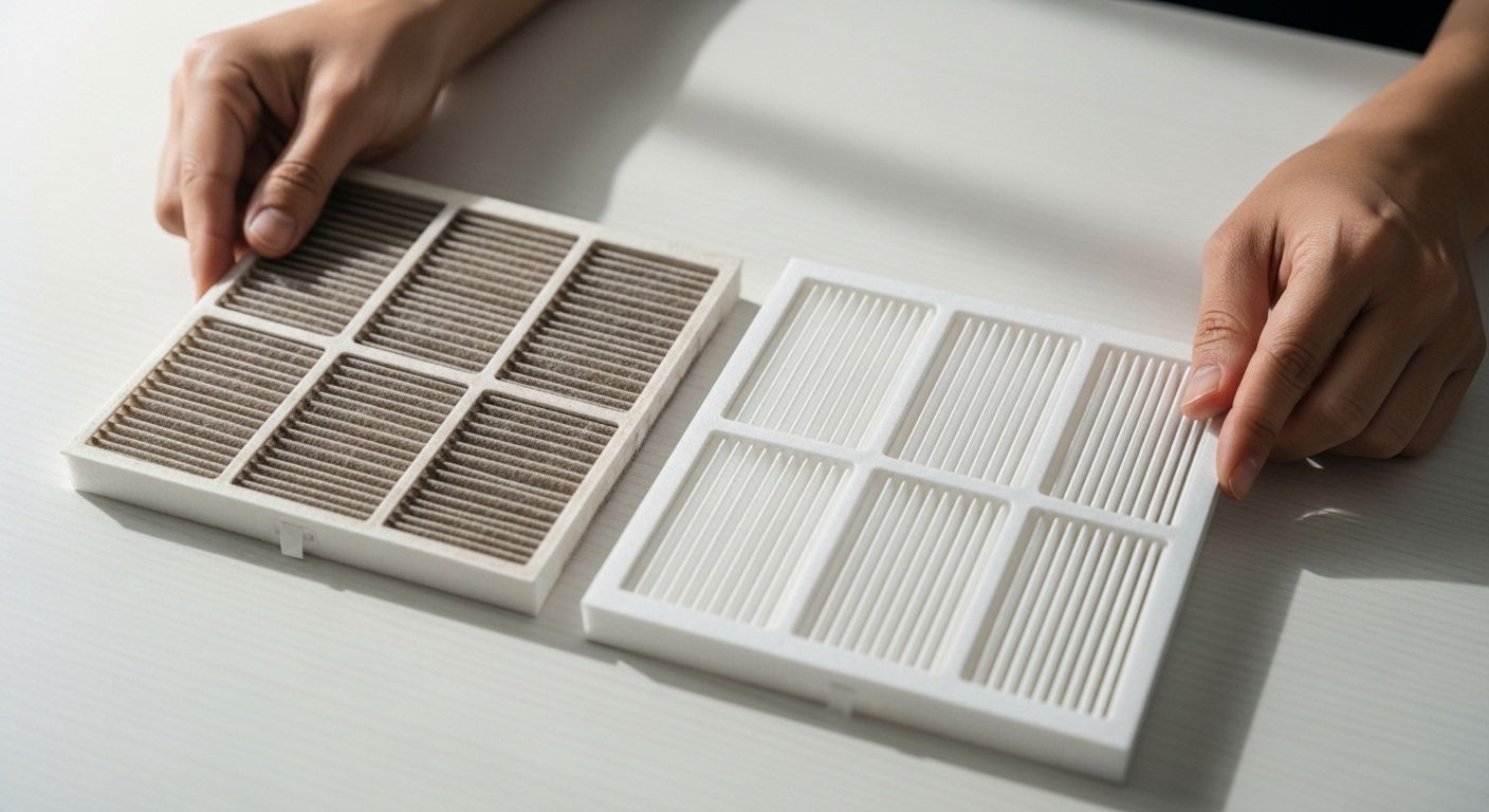 Cận cảnh bàn tay so sánh lõi lọc máy lọc không khí cũ đã ố vàng với lõi lọc mới trắng tinh, chuẩn bị thay thế.