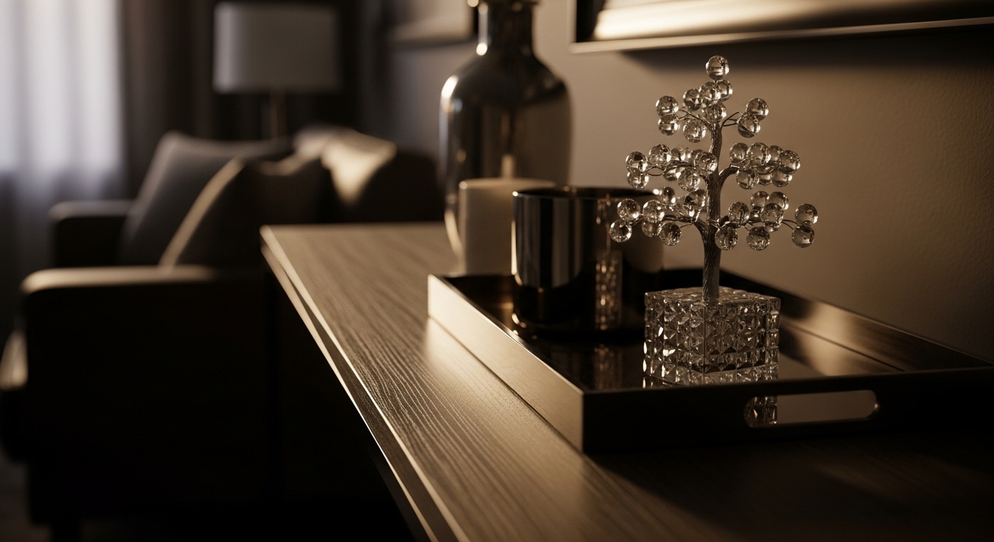 Cây pha lê trang trí lấp lánh, một món đồ decor trang trí phòng khách tinh tế, đặt trên khay cùng nến thơm và quả cầu kim loại.