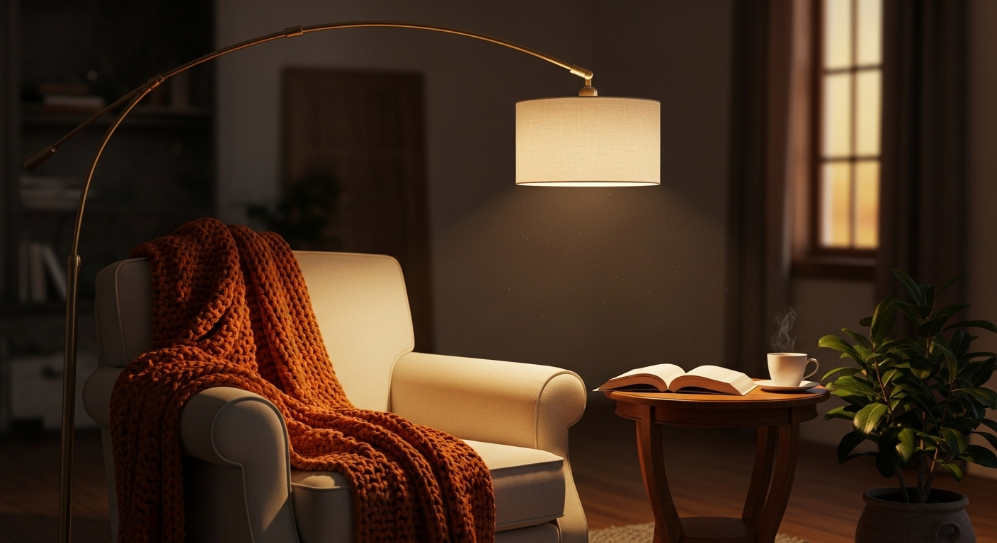 ghế bành êm ái, đèn sàn cong ánh sáng ấm, bàn trà nhỏ đựng sách và tách trà, cùng cây xanh tạo không gian thư giãn.