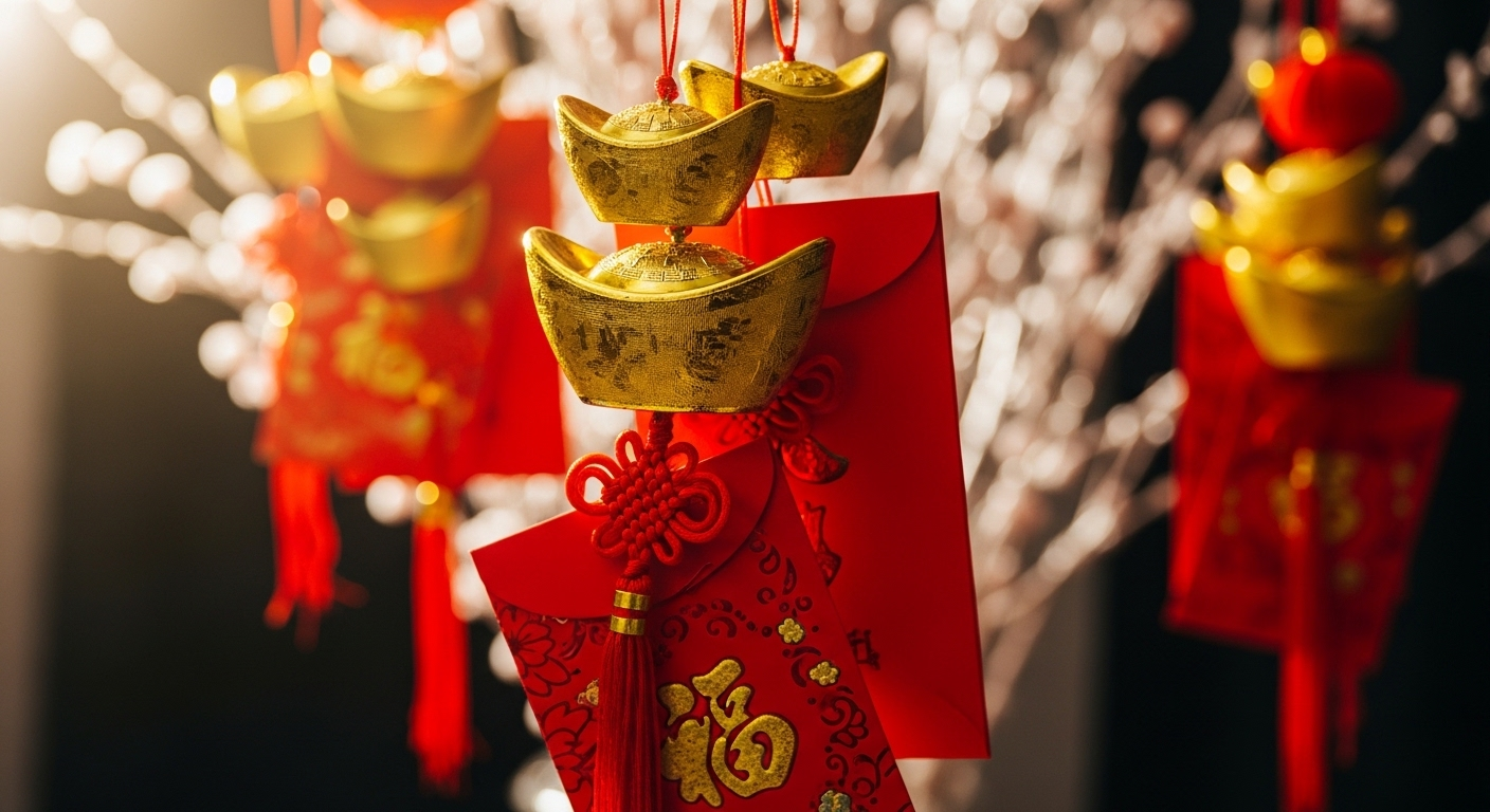 Chùm vật phẩm may mắn đỏ vàng gồm bao lì xì và thỏi vàng giả, treo trên cành cây cảnh.