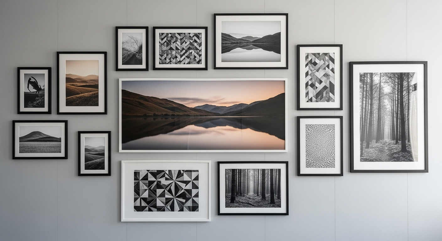 Tường gallery được bài trí đẹp mắt với nhiều khung ảnh đen trắng đơn giản, trưng bày phong cảnh và họa tiết trừu tượng trên nền tường xám nhạt. Đây là giải pháp trang trí nhà tiết kiệm nhưng vẫn tinh tế và mang dấu ấn cá nhân.