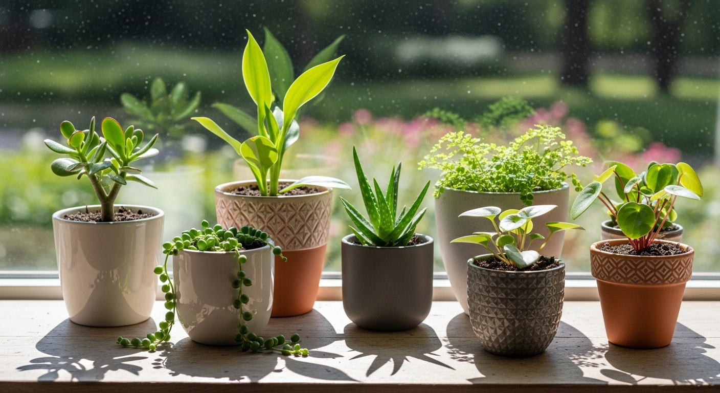 Một nhóm cây cảnh mini đa dạng như sen đá và cây lá xanh đặt trên bệ cửa sổ ngập nắng tự nhiên trong các chậu gốm và đất nung. Đây là mẹo vặt trang trí nhà cửa đơn giản giúp không gian thêm tươi mới và ấm cúng.