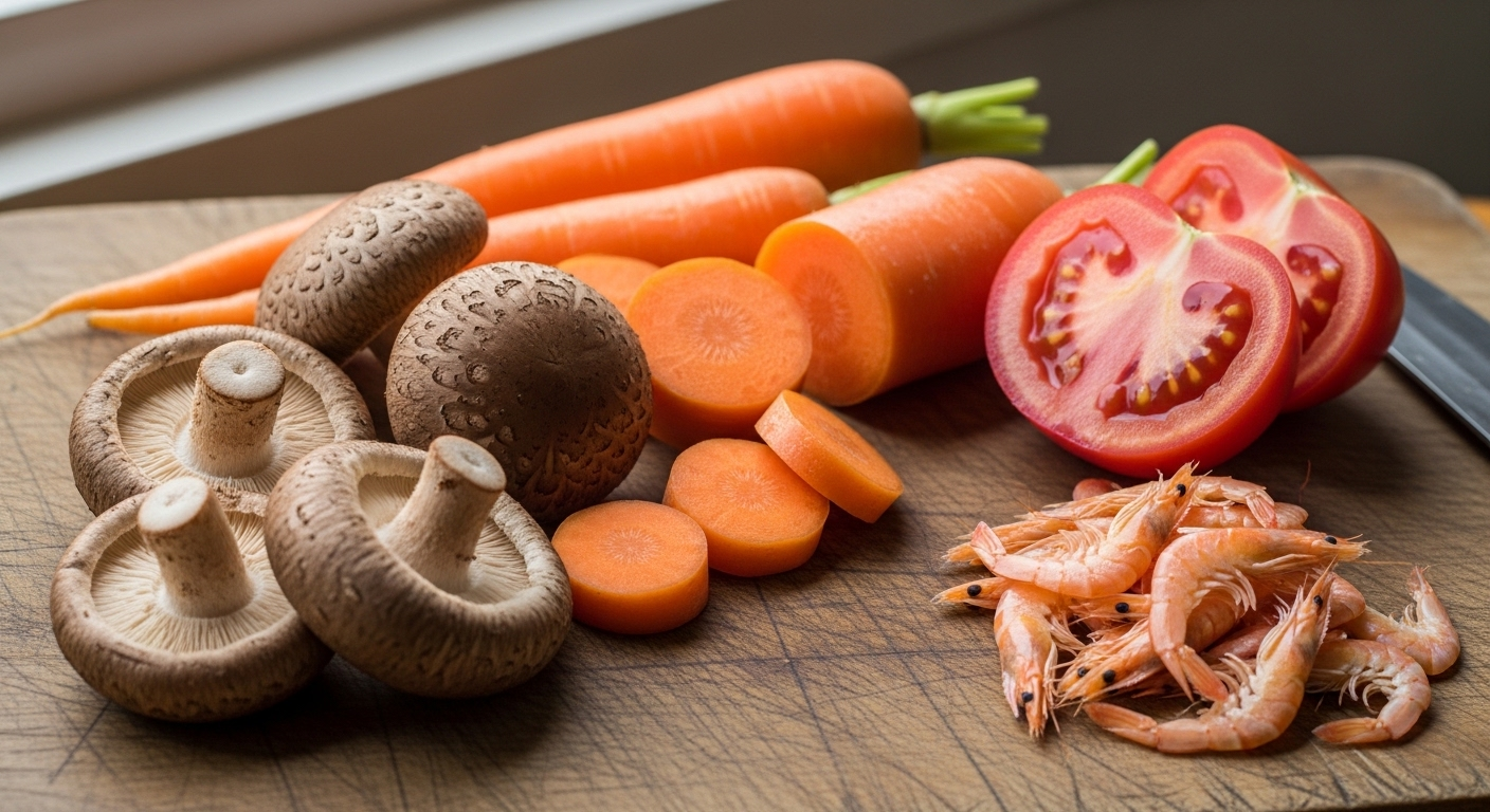 Nguyên liệu tự nhiên giàu umami như nấm shiitake, cà rốt, cà chua, tôm khô trên thớt gỗ, gợi mở câu hỏi nên dùng bột ngọt hay hạt nêm để món ăn thêm tròn vị. Nguyên liệu tự nhiên giàu umami như nấm shiitake, cà rốt, cà chua, tôm khô trên thớt gỗ, gợi mở câu hỏi nên dùng bột ngọt hay hạt nêm để món ăn thêm tròn vị.