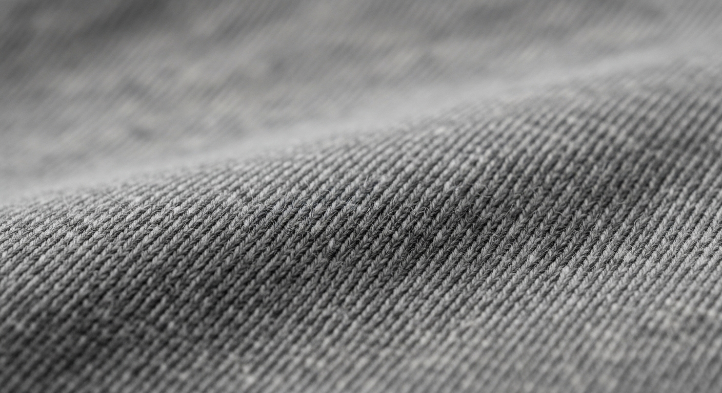 Cận cảnh kết cấu vải cotton pha màu xám mềm mại, thoáng khí, co giãn – chất liệu lý tưởng cho trang phục đi máy bay. Một lựa chọn giúp bạn không phải băn khoăn không nên mặc gì khi đi máy bay.